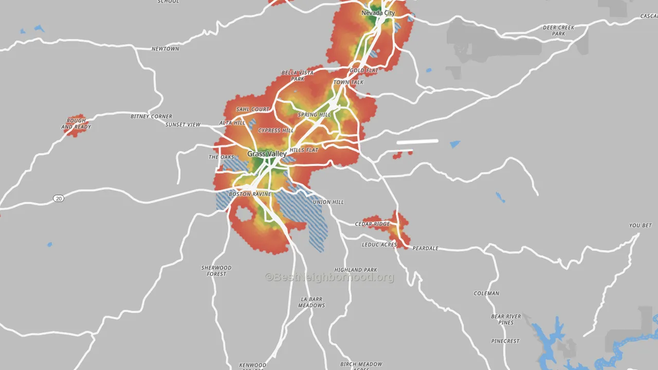 Walk Grade map of 95945, CA, walkable areas in green and car-dependent areas in red