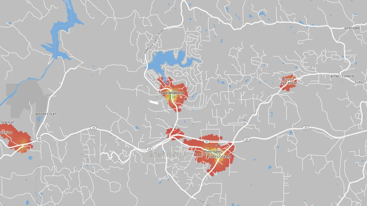 Walk Grade map of 95946, CA, walkable areas in green and car-dependent areas in red