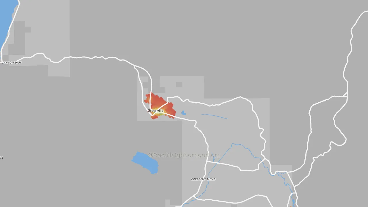 Walk Grade map of 95947, CA, walkable areas in green and car-dependent areas in red