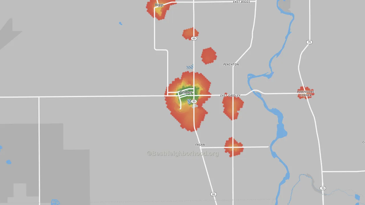 Walk Grade map of 95948, CA, walkable areas in green and car-dependent areas in red
