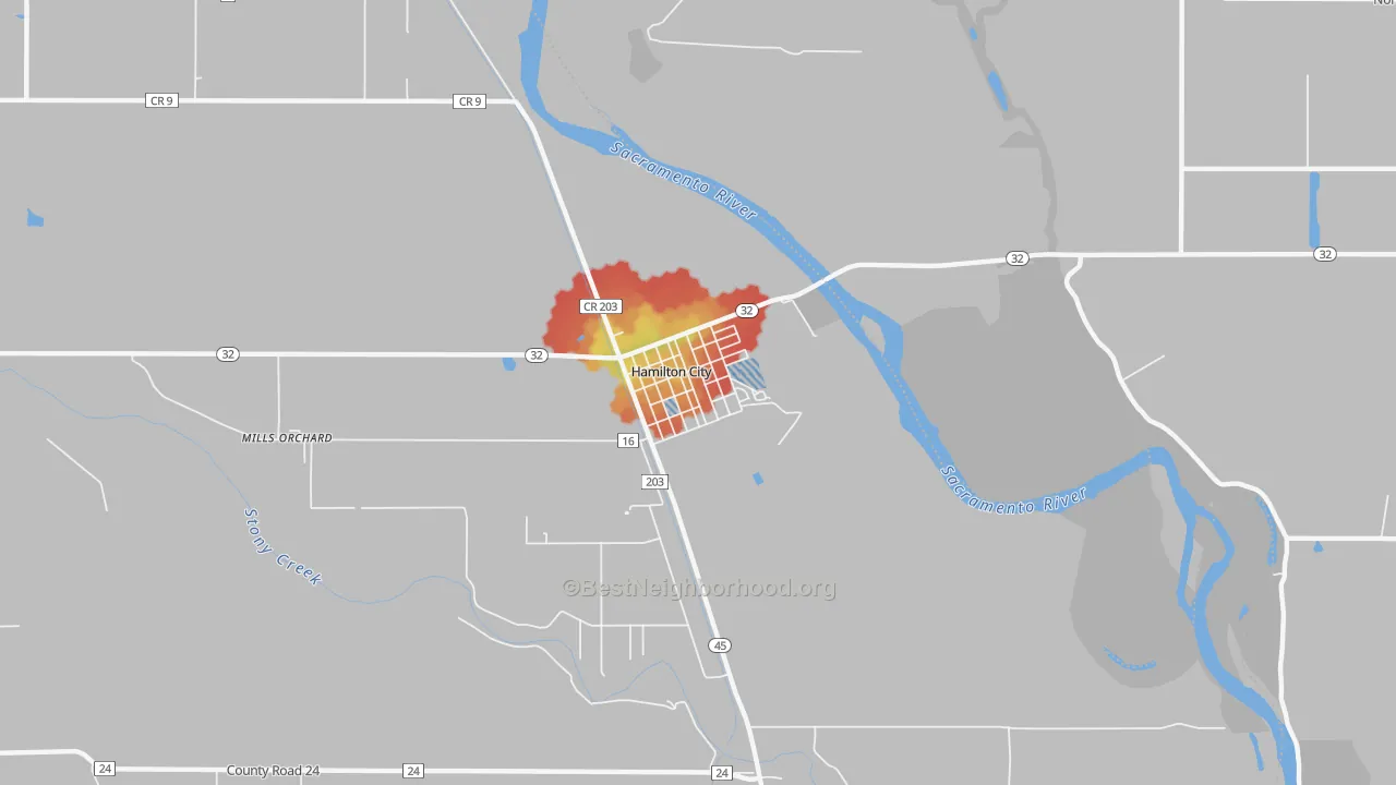 Walk Grade map of 95951, CA, walkable areas in green and car-dependent areas in red