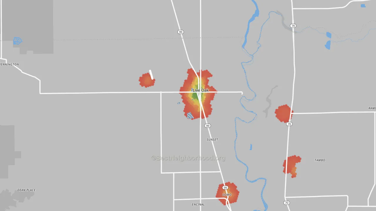 Walk Grade map of 95953, CA, walkable areas in green and car-dependent areas in red