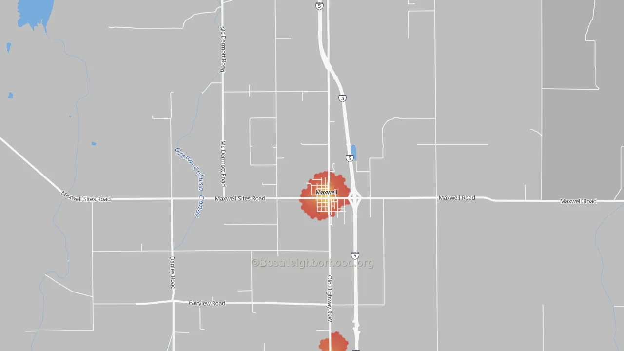 Walk Grade map of 95955, CA, walkable areas in green and car-dependent areas in red