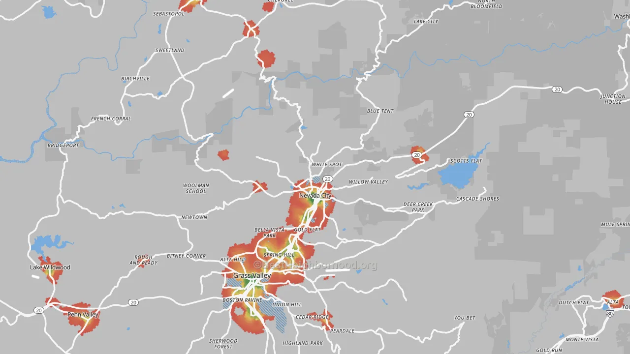 Walk Grade map of 95959, CA, walkable areas in green and car-dependent areas in red