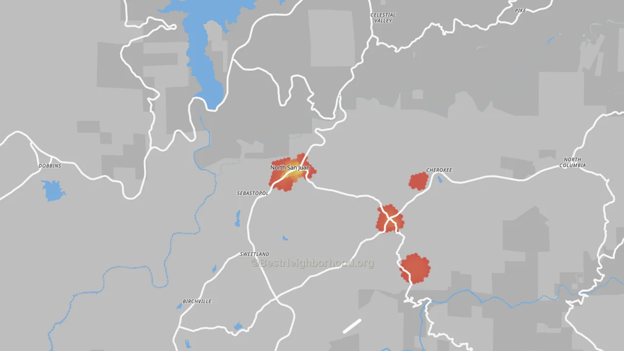 Walk Grade map of 95960, CA, walkable areas in green and car-dependent areas in red