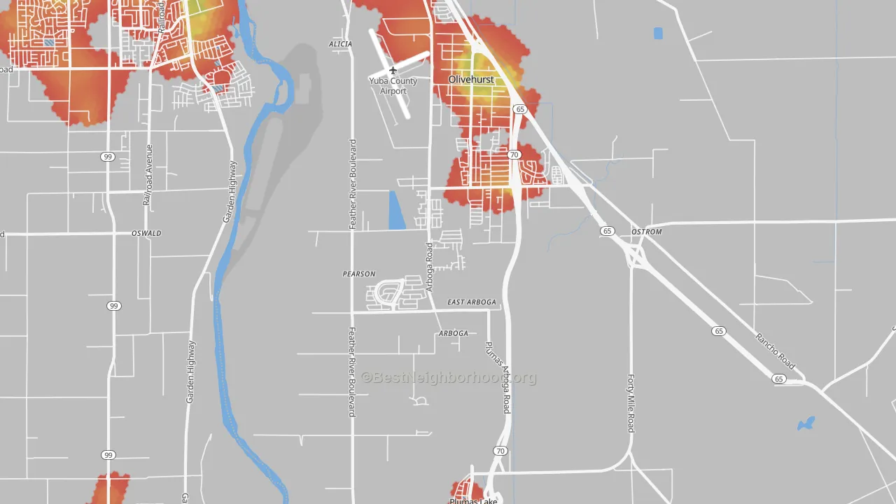 Walk Grade map of 95961, CA, walkable areas in green and car-dependent areas in red
