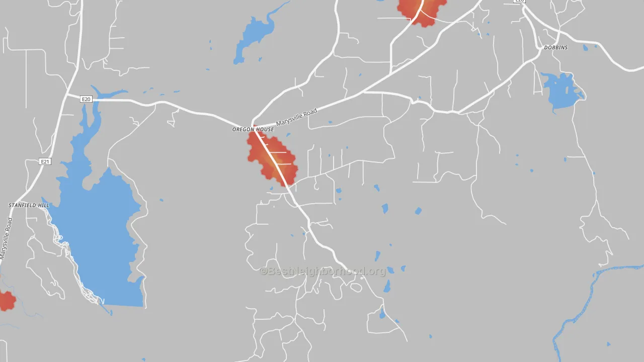 Walk Grade map of 95962, CA, walkable areas in green and car-dependent areas in red