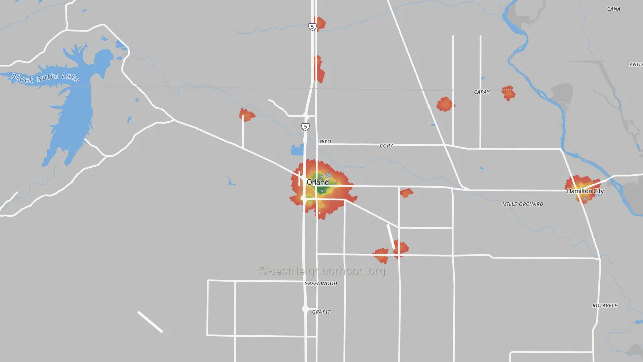 Walk Grade map of 95963, CA, walkable areas in green and car-dependent areas in red