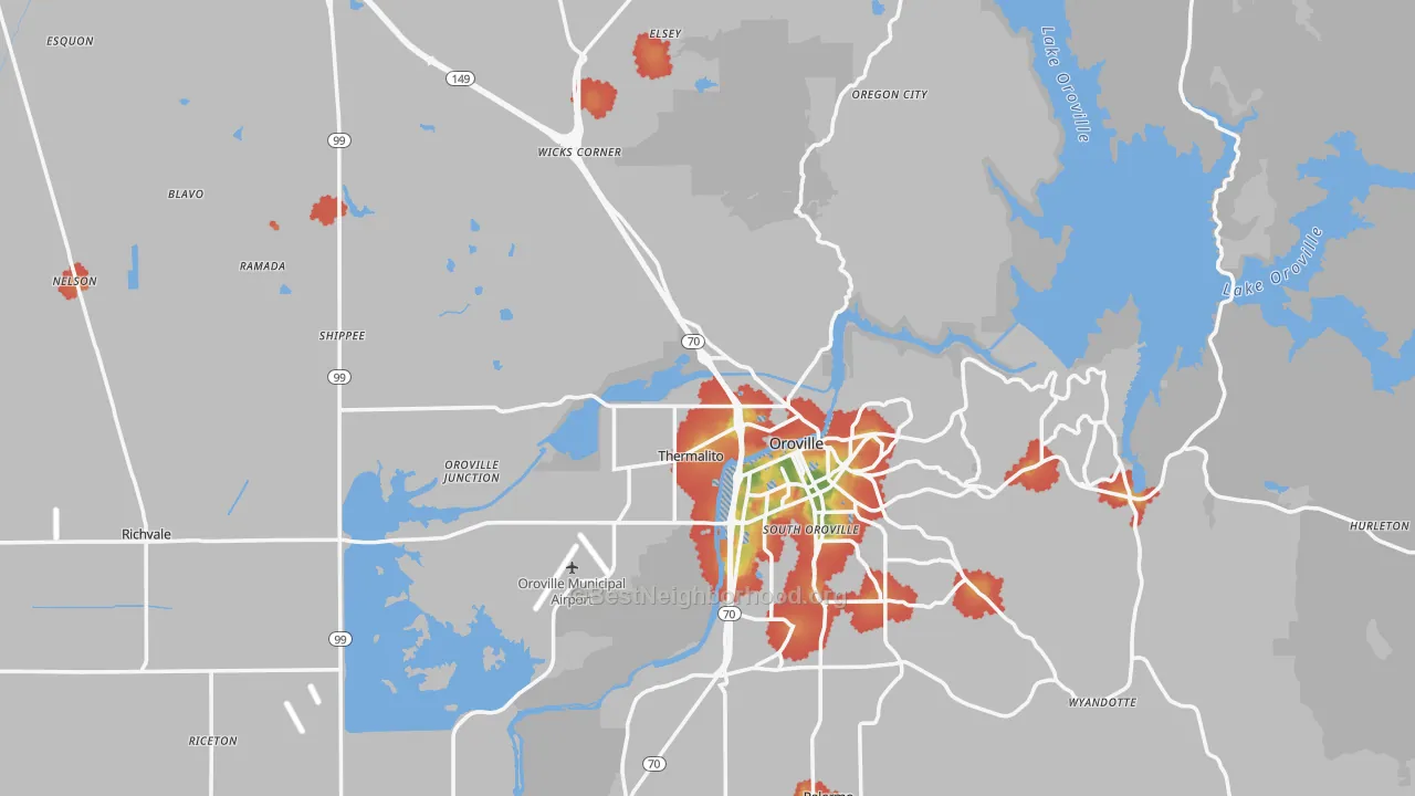 Walk Grade map of 95965, CA, walkable areas in green and car-dependent areas in red