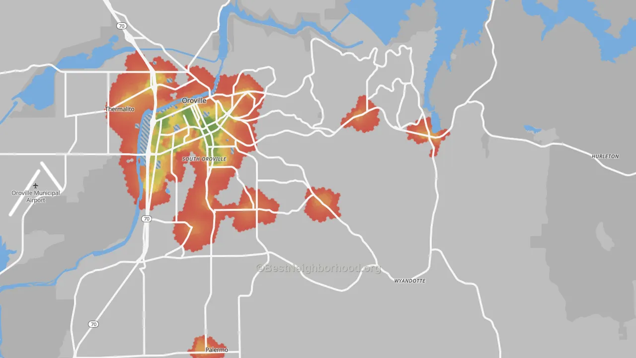 Walk Grade map of 95966, CA, walkable areas in green and car-dependent areas in red