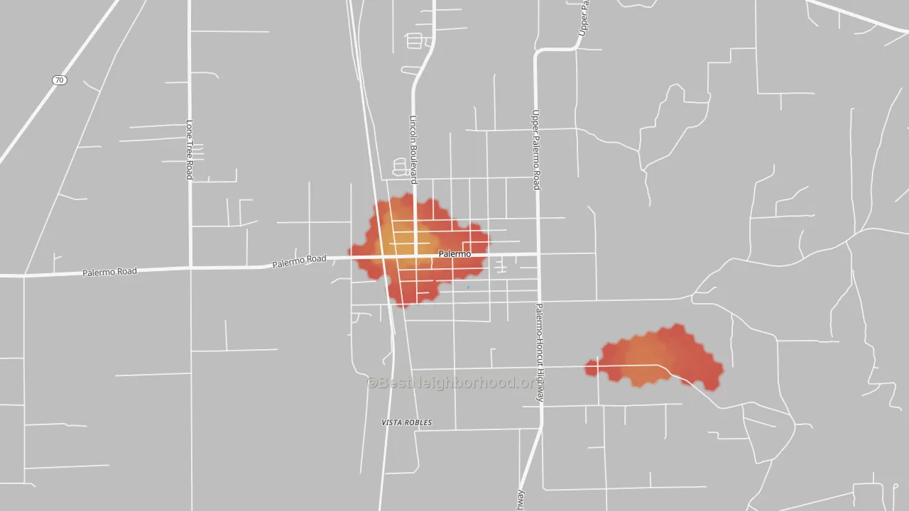 Walk Grade map of 95968, CA, walkable areas in green and car-dependent areas in red