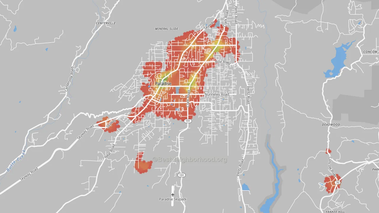 Walk Grade map of 95969, CA, walkable areas in green and car-dependent areas in red