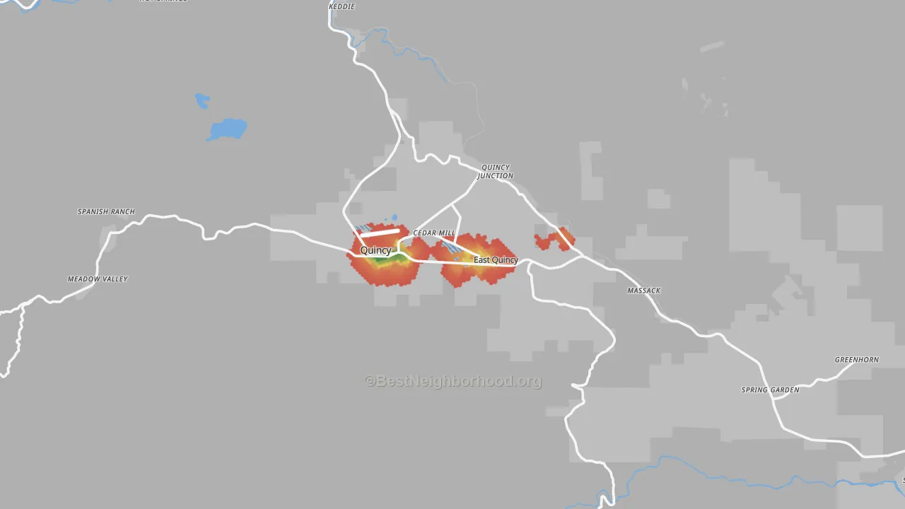 Walk Grade map of 95971, CA, walkable areas in green and car-dependent areas in red