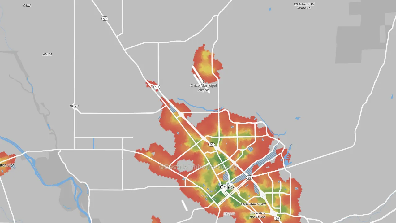 Walk Grade map of 95973, CA, walkable areas in green and car-dependent areas in red