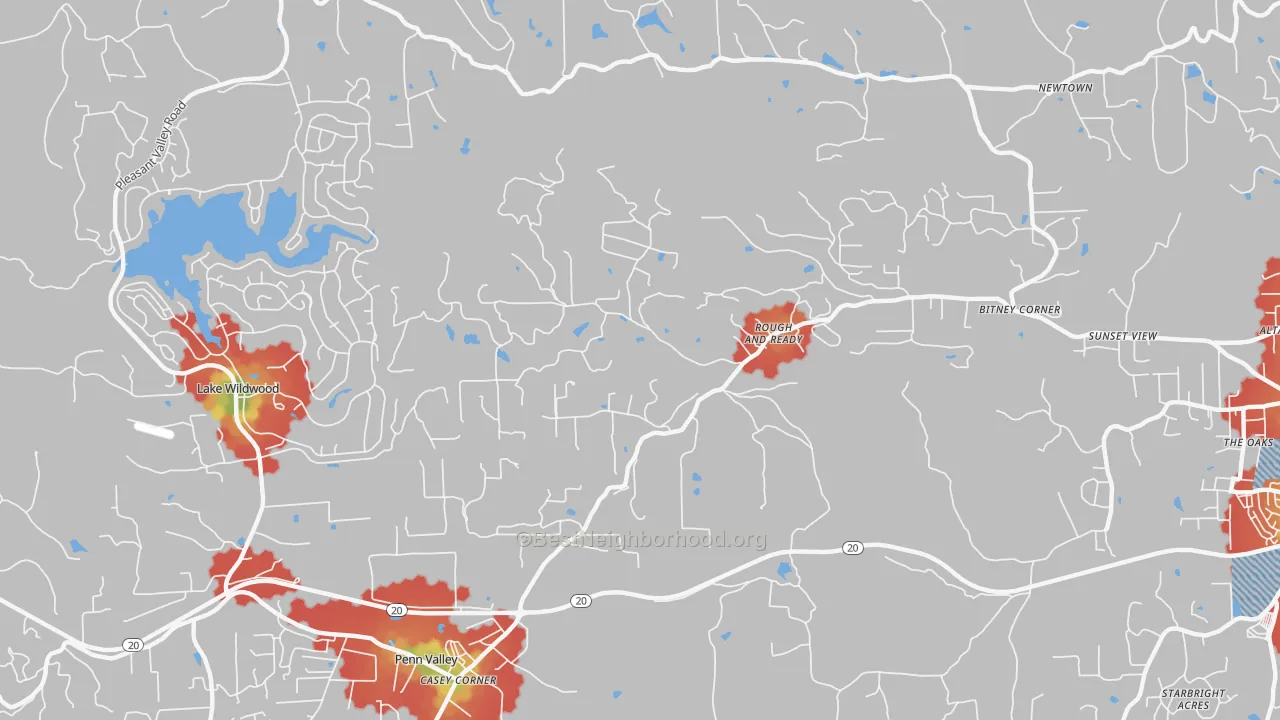 Walk Grade map of 95975, CA, walkable areas in green and car-dependent areas in red
