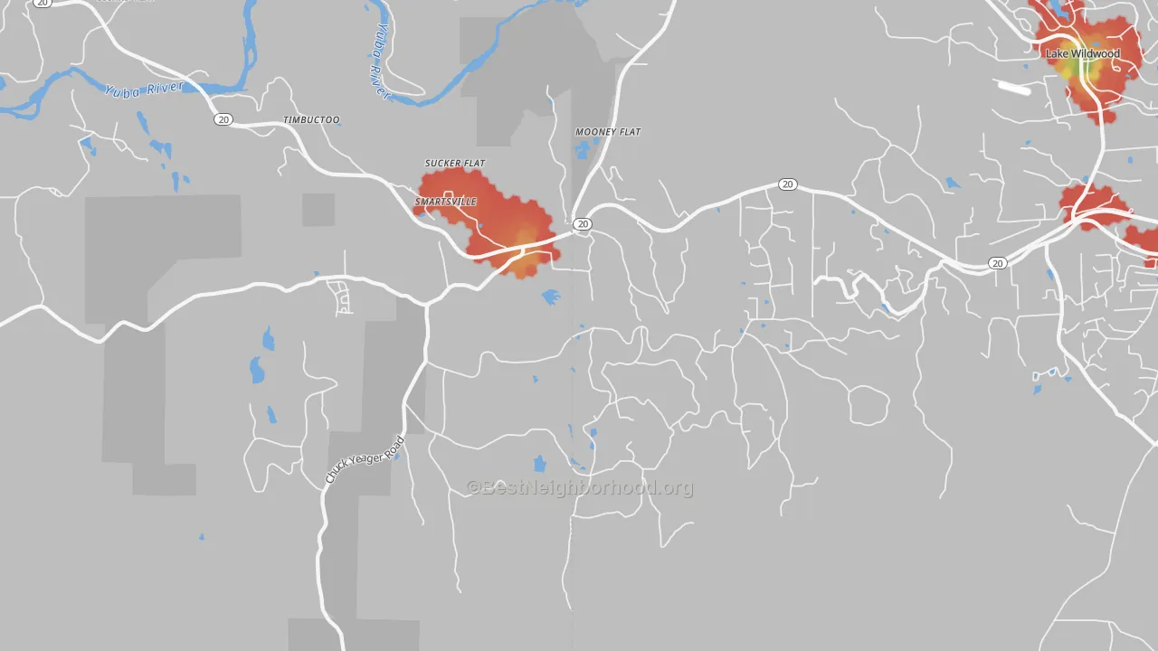 Walk Grade map of 95977, CA, walkable areas in green and car-dependent areas in red