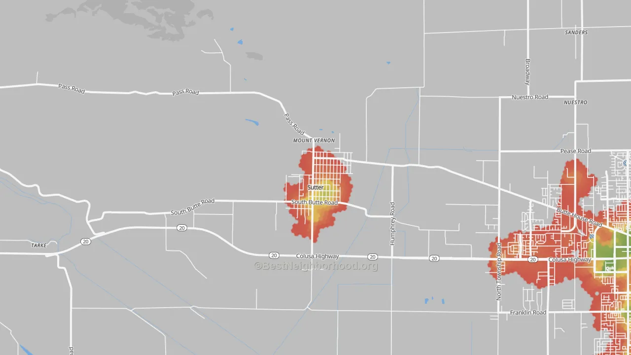 Walk Grade map of 95982, CA, walkable areas in green and car-dependent areas in red