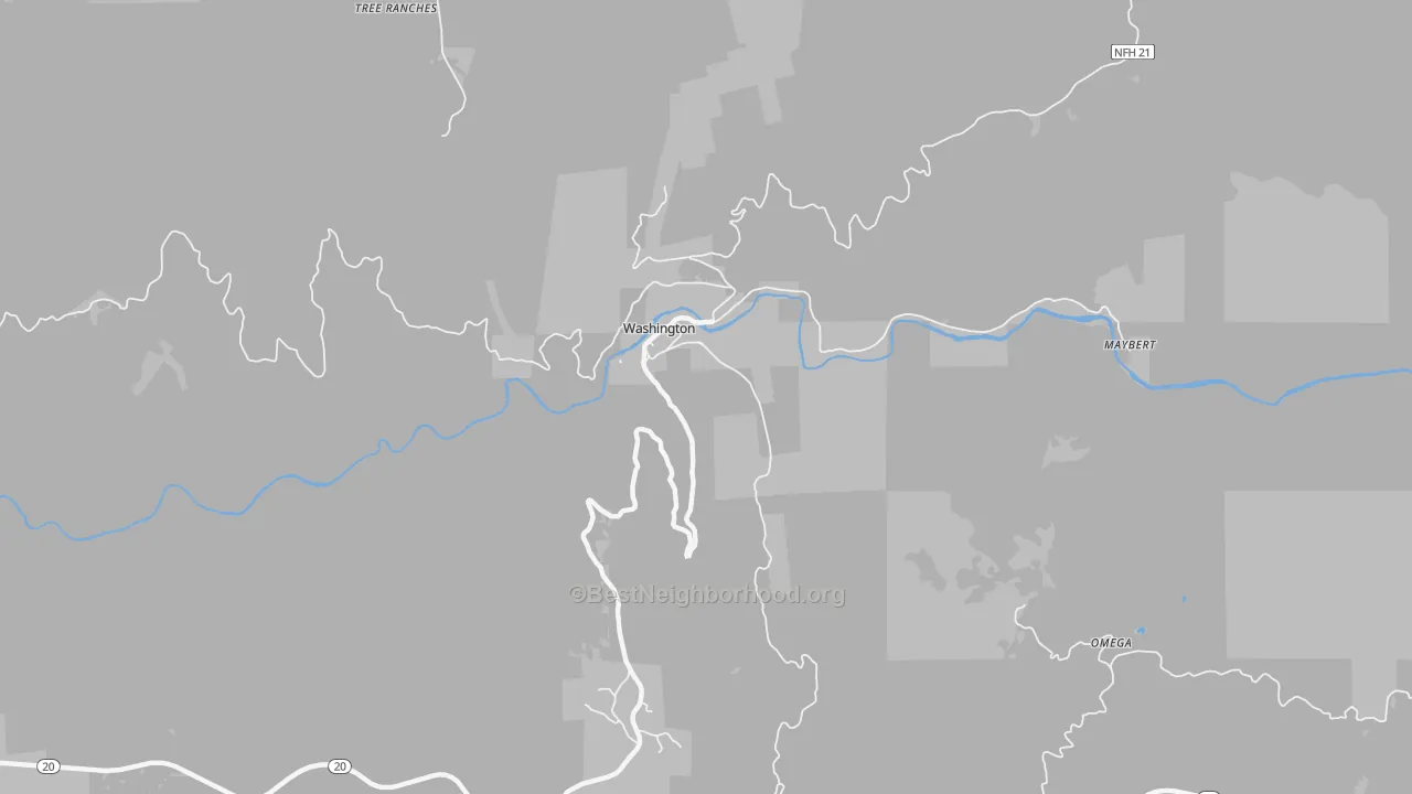 Walk Grade map of 95986, CA, walkable areas in green and car-dependent areas in red