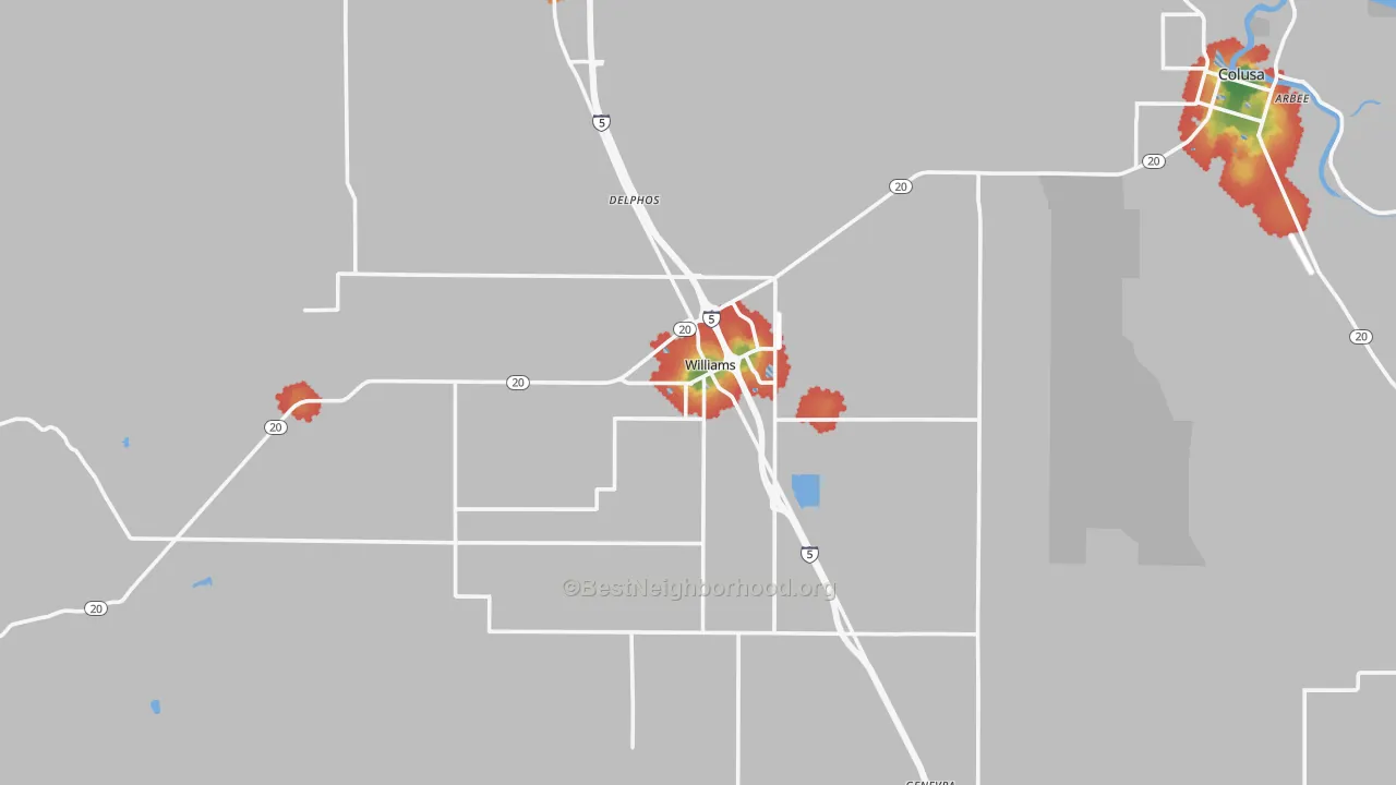Walk Grade map of 95987, CA, walkable areas in green and car-dependent areas in red