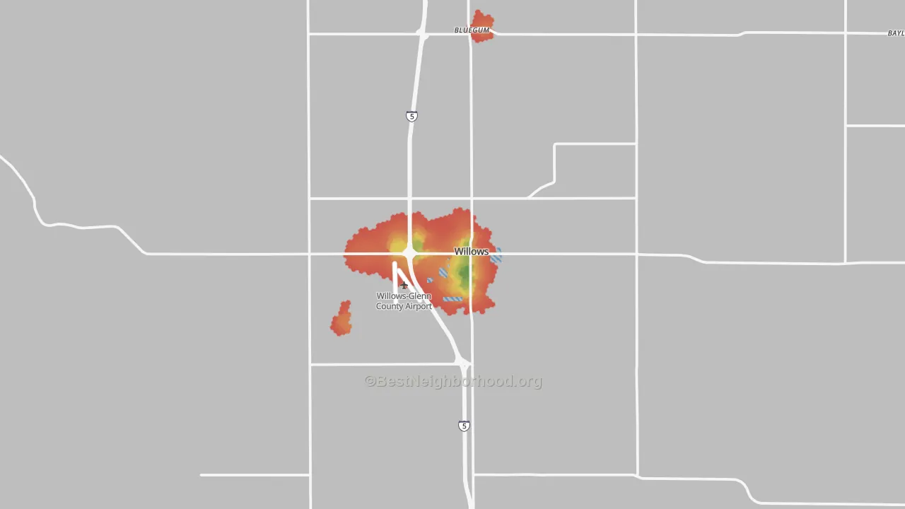 Walk Grade map of 95988, CA, walkable areas in green and car-dependent areas in red