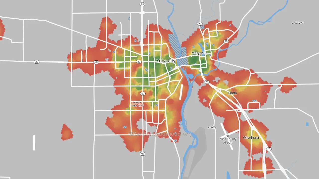 Walk Grade map of 95991, CA, walkable areas in green and car-dependent areas in red