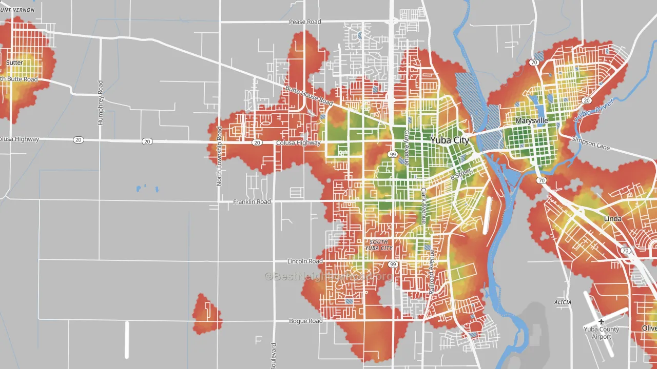 Walk Grade map of 95993, CA, walkable areas in green and car-dependent areas in red