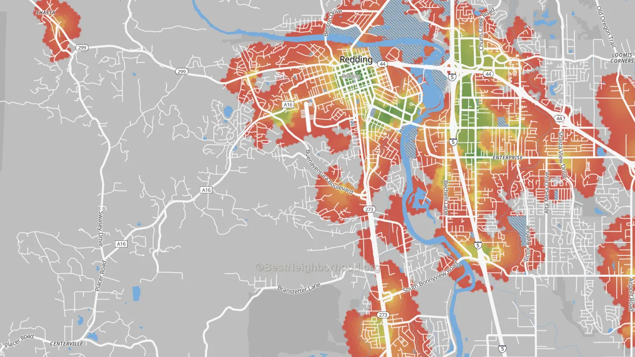 Walk Grade map of 96001, CA, walkable areas in green and car-dependent areas in red