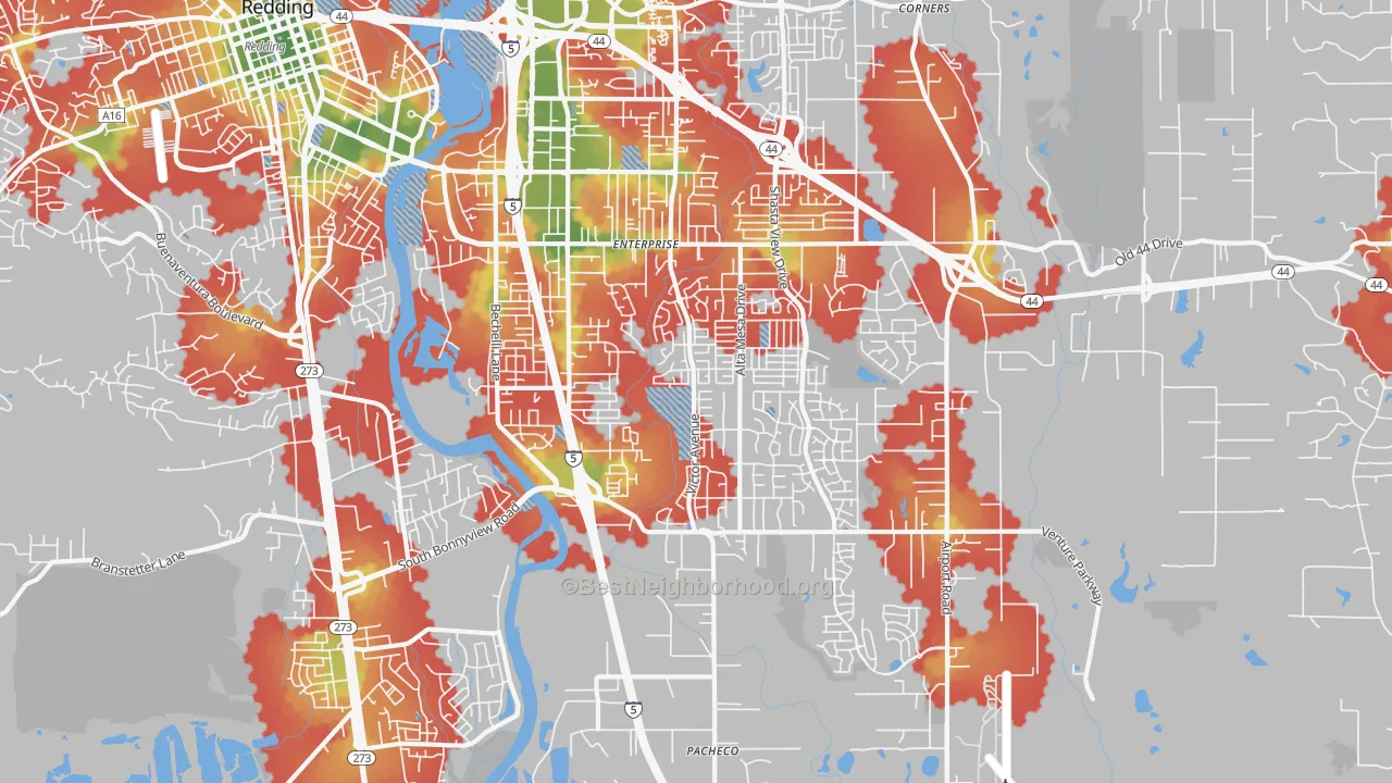 Walk Grade map of 96002, CA, walkable areas in green and car-dependent areas in red