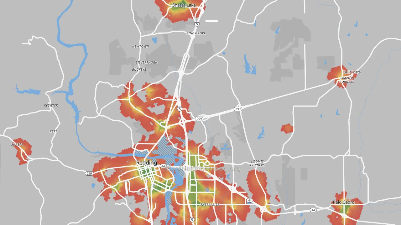Walk Grade map of 96003, CA, walkable areas in green and car-dependent areas in red