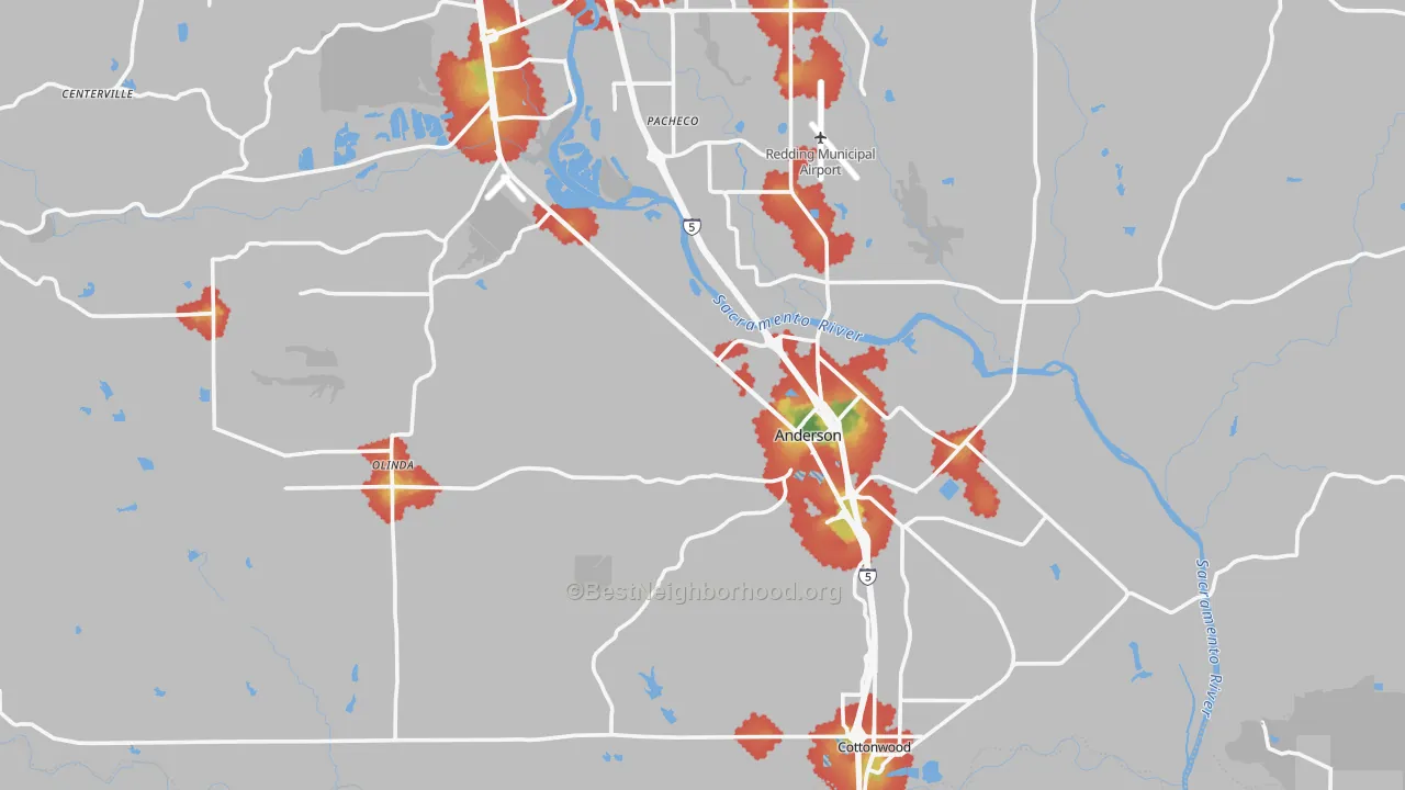 Walk Grade map of 96007, CA, walkable areas in green and car-dependent areas in red