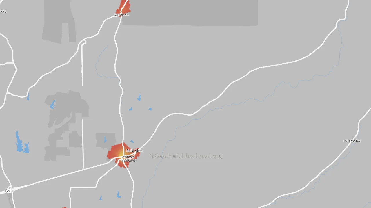 Walk Grade map of 96008, CA, walkable areas in green and car-dependent areas in red