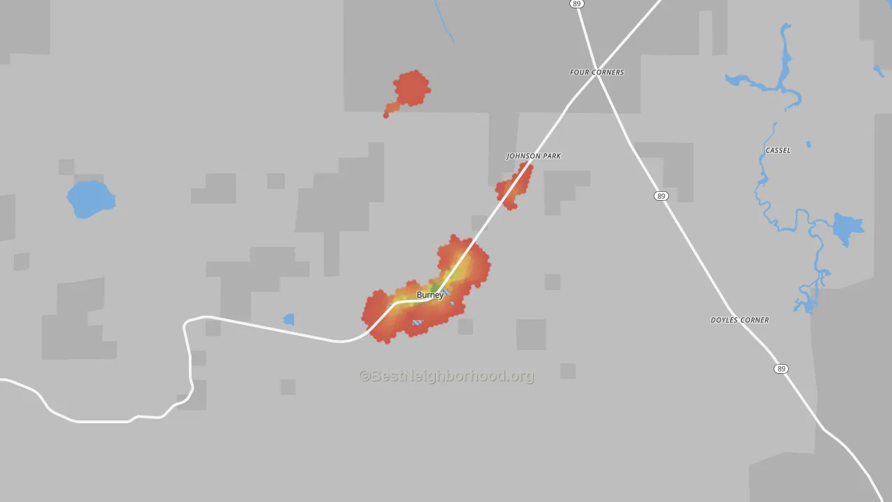 Walk Grade map of 96013, CA, walkable areas in green and car-dependent areas in red