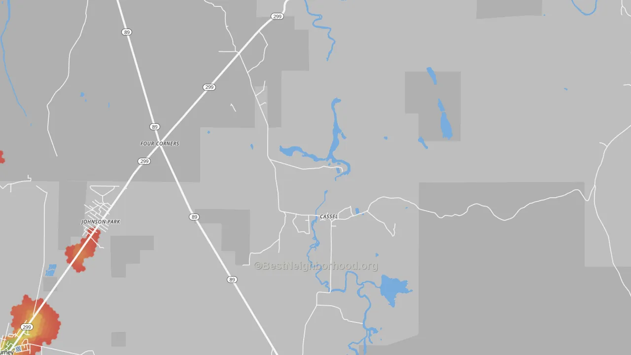 Walk Grade map of 96016, CA, walkable areas in green and car-dependent areas in red