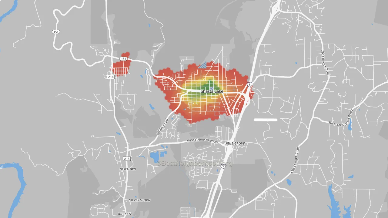 Walk Grade map of 96019, CA, walkable areas in green and car-dependent areas in red