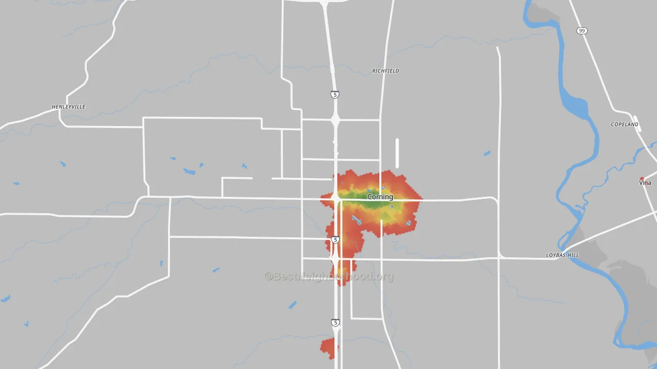 Walk Grade map of 96021, CA, walkable areas in green and car-dependent areas in red