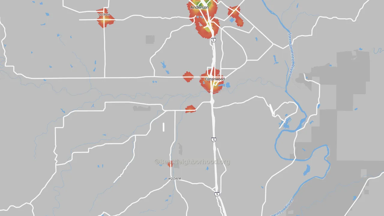 Walk Grade map of 96022, CA, walkable areas in green and car-dependent areas in red