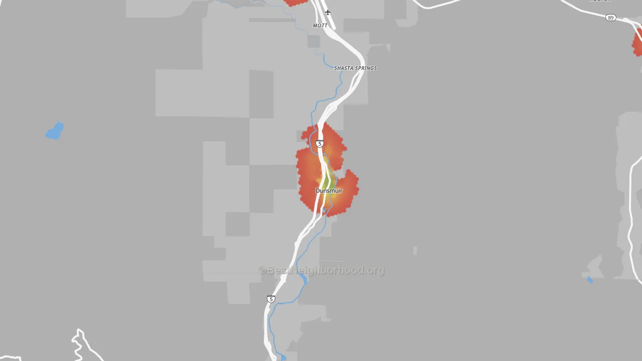 Walk Grade map of 96025, CA, walkable areas in green and car-dependent areas in red