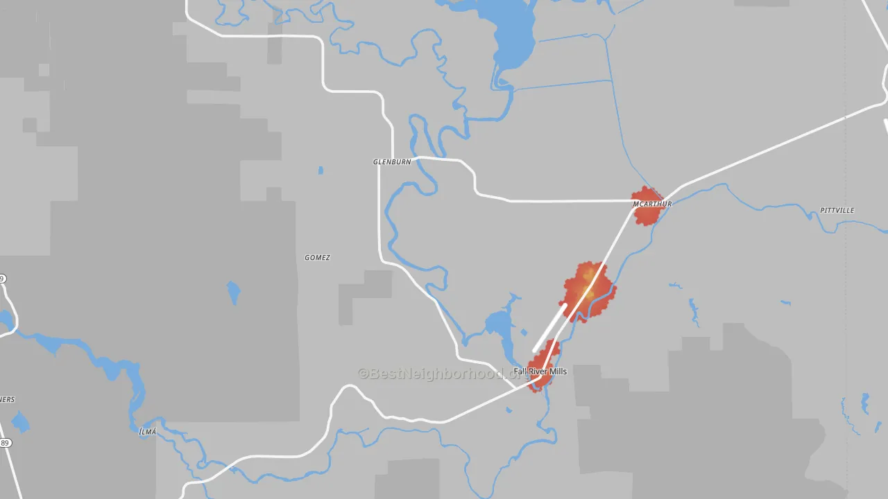 Walk Grade map of 96028, CA, walkable areas in green and car-dependent areas in red