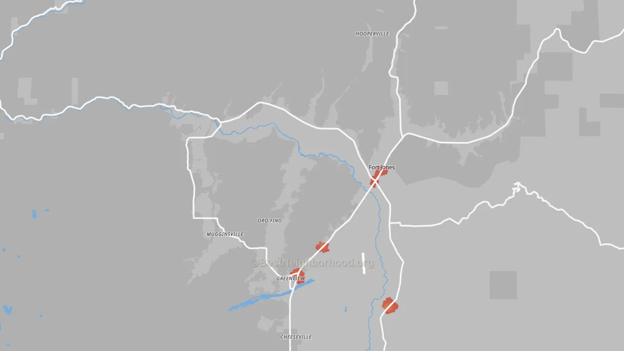 Walk Grade map of 96032, CA, walkable areas in green and car-dependent areas in red