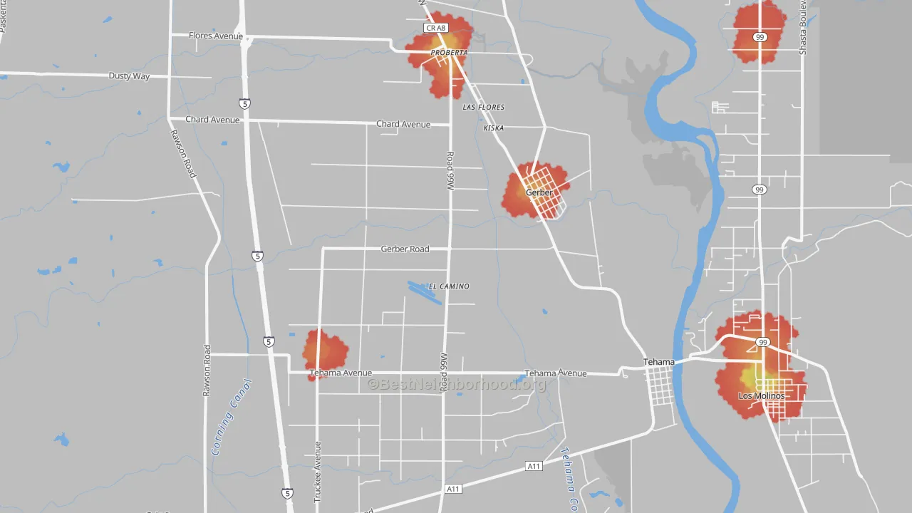 Walk Grade map of 96035, CA, walkable areas in green and car-dependent areas in red