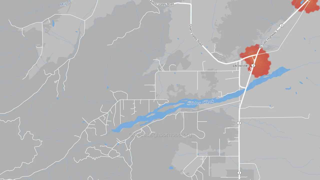Walk Grade map of 96037, CA, walkable areas in green and car-dependent areas in red