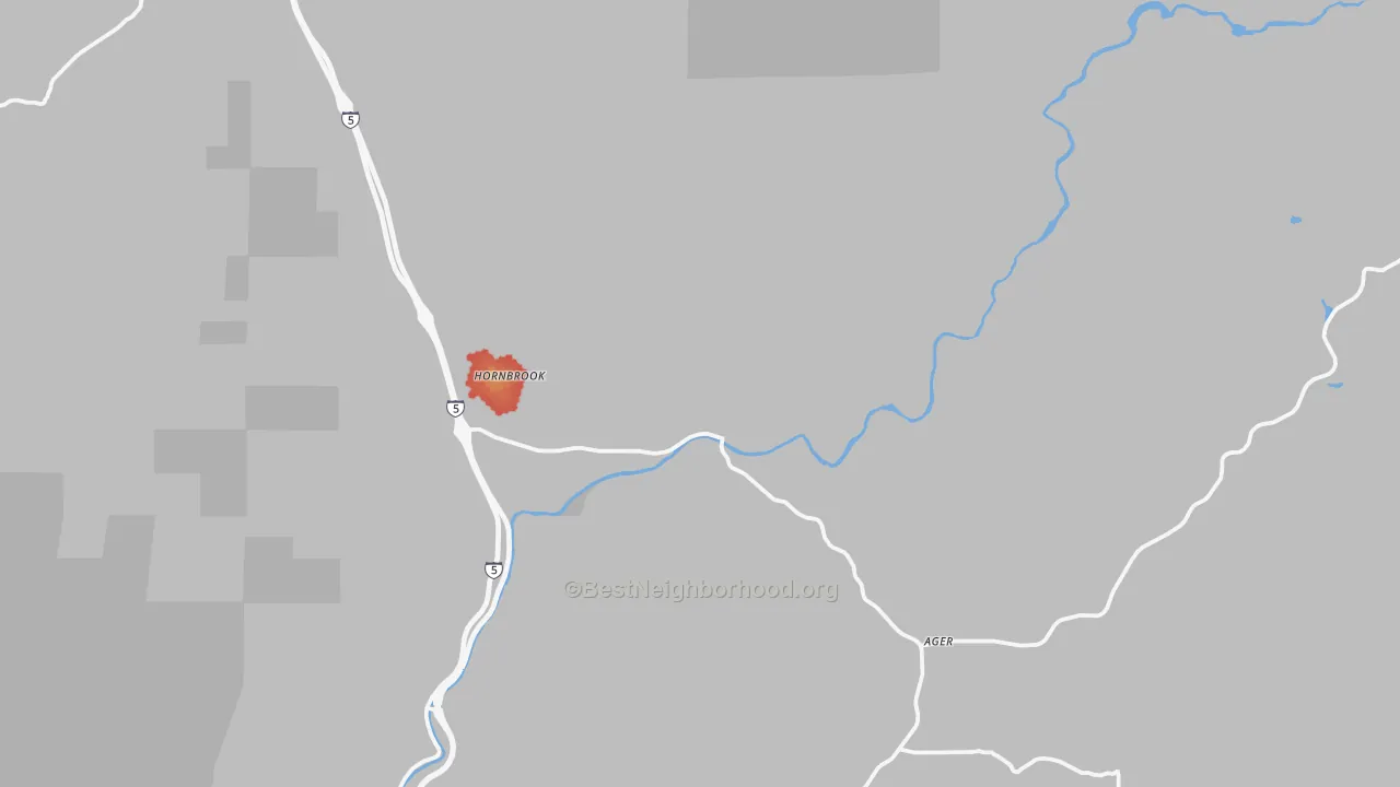Walk Grade map of 96044, CA, walkable areas in green and car-dependent areas in red