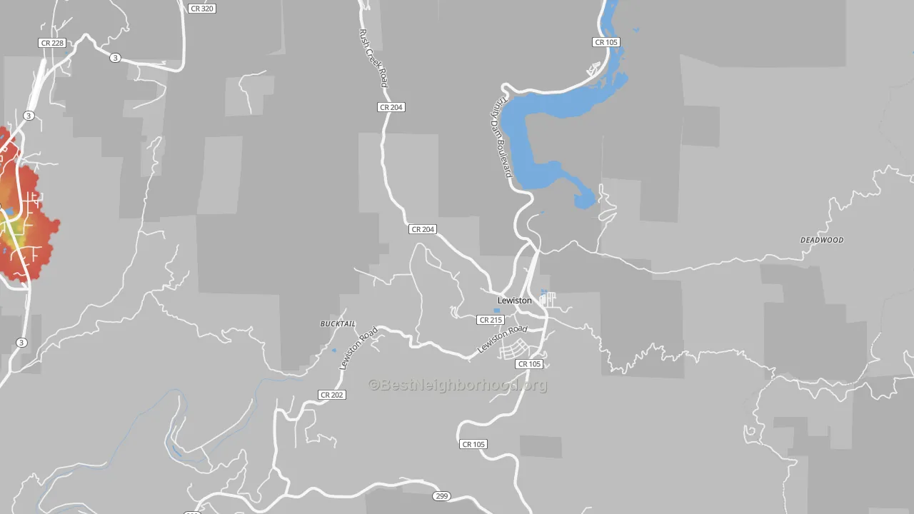 Walk Grade map of 96052, CA, walkable areas in green and car-dependent areas in red