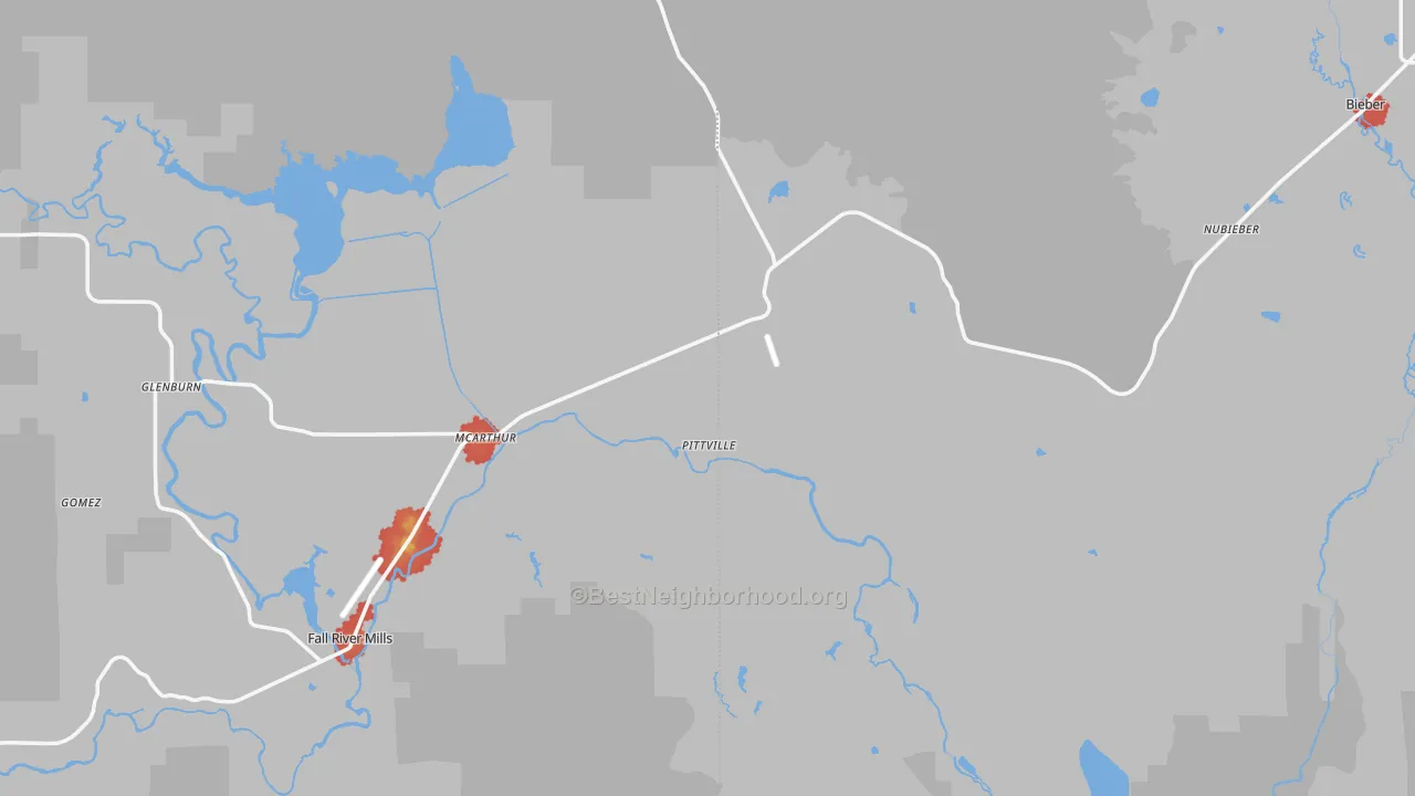 Walk Grade map of 96056, CA, walkable areas in green and car-dependent areas in red