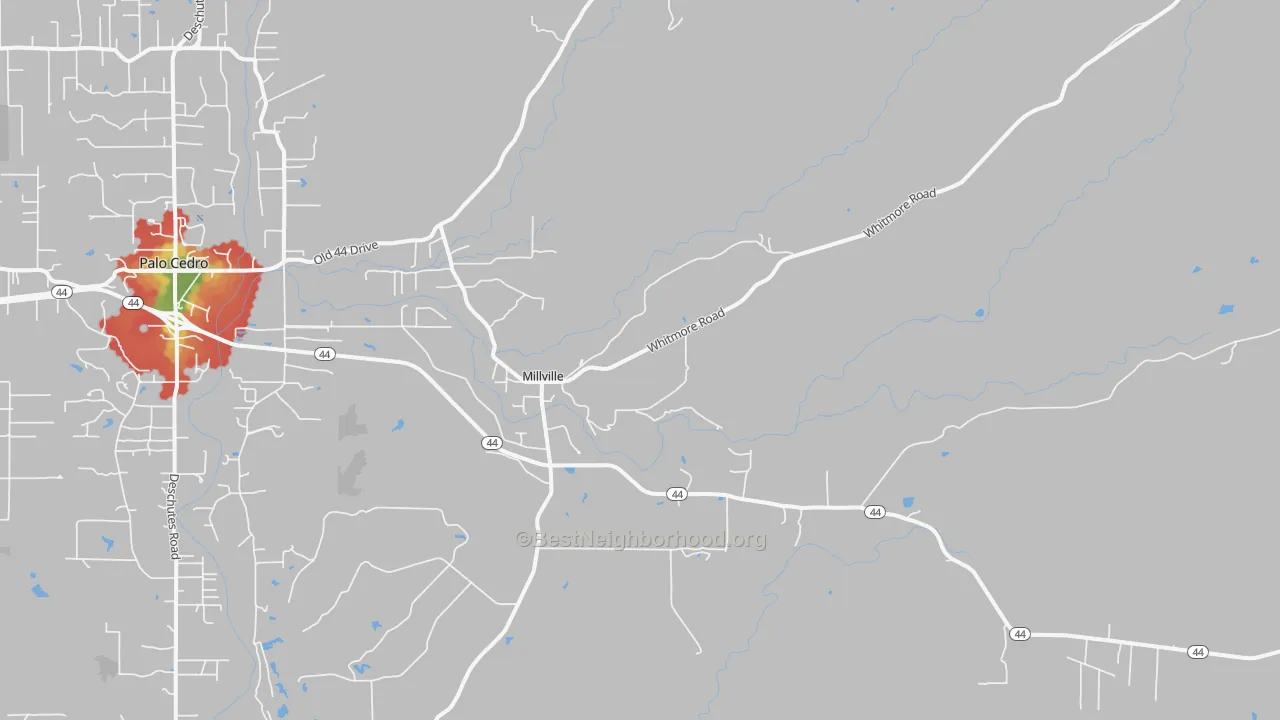 Walk Grade map of 96062, CA, walkable areas in green and car-dependent areas in red