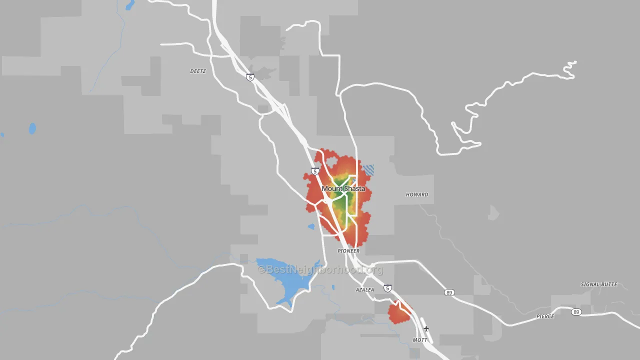 Walk Grade map of 96067, CA, walkable areas in green and car-dependent areas in red