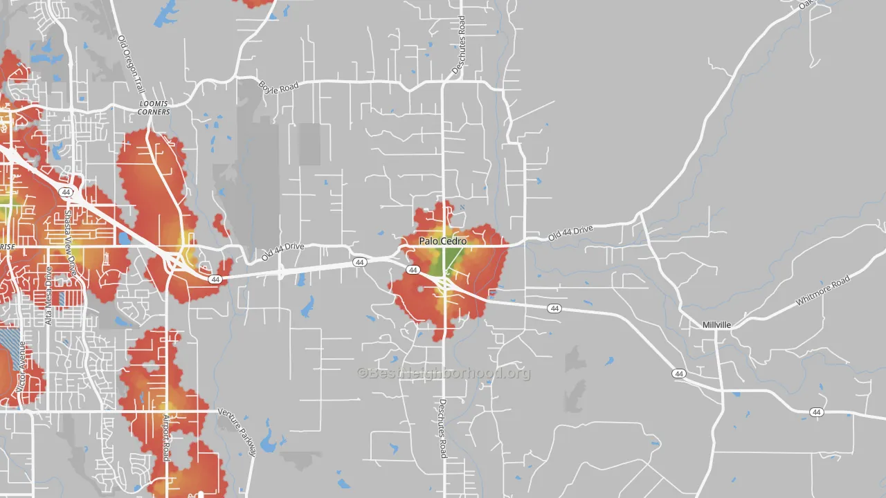 Walk Grade map of 96073, CA, walkable areas in green and car-dependent areas in red
