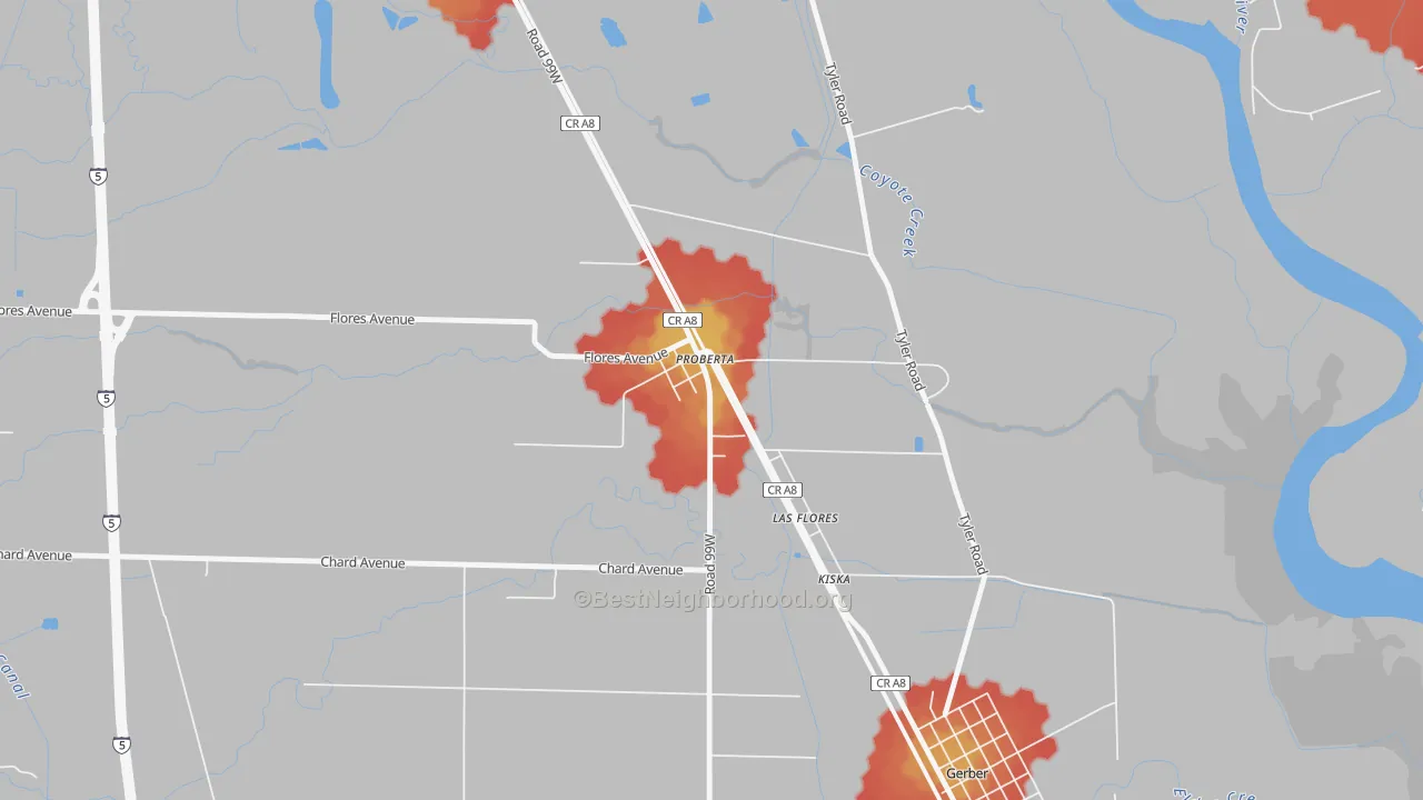 Walk Grade map of 96078, CA, walkable areas in green and car-dependent areas in red