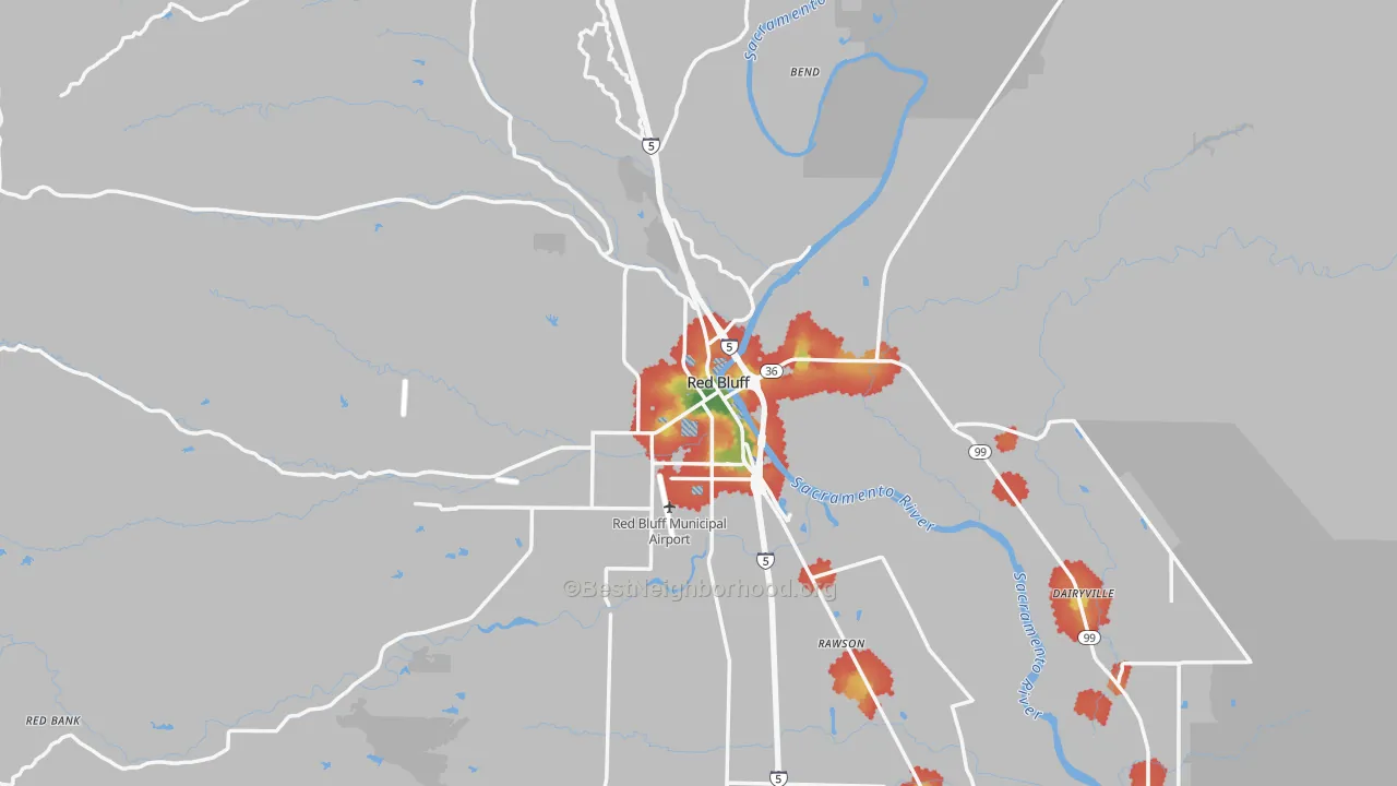 Walk Grade map of 96080, CA, walkable areas in green and car-dependent areas in red