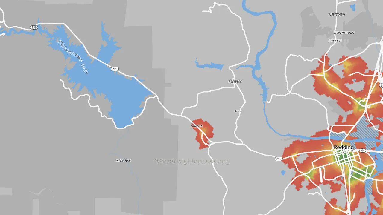 Walk Grade map of 96087, CA, walkable areas in green and car-dependent areas in red